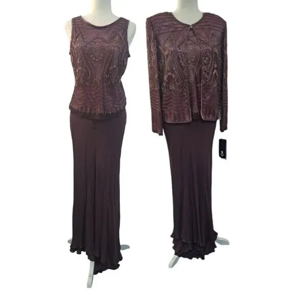 Adrianna Papell 3 Pc Set Silk Embellish Top Skirt Jacket Wedding Party Plum Sz10